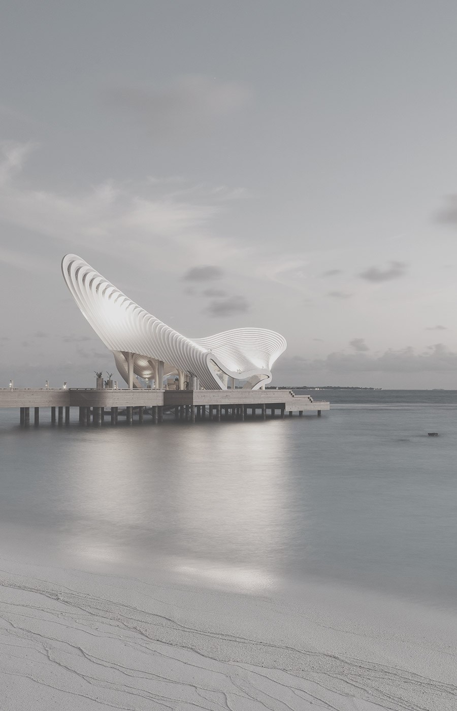 Futuristisches Gebäude über Meer