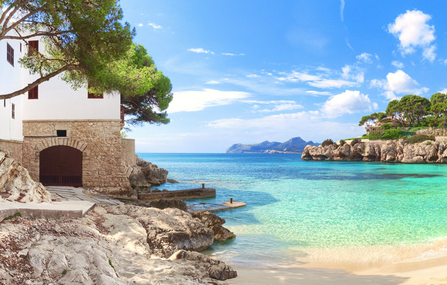 Küstenabschnitt auf Mallorca mit Palmen und Häusern