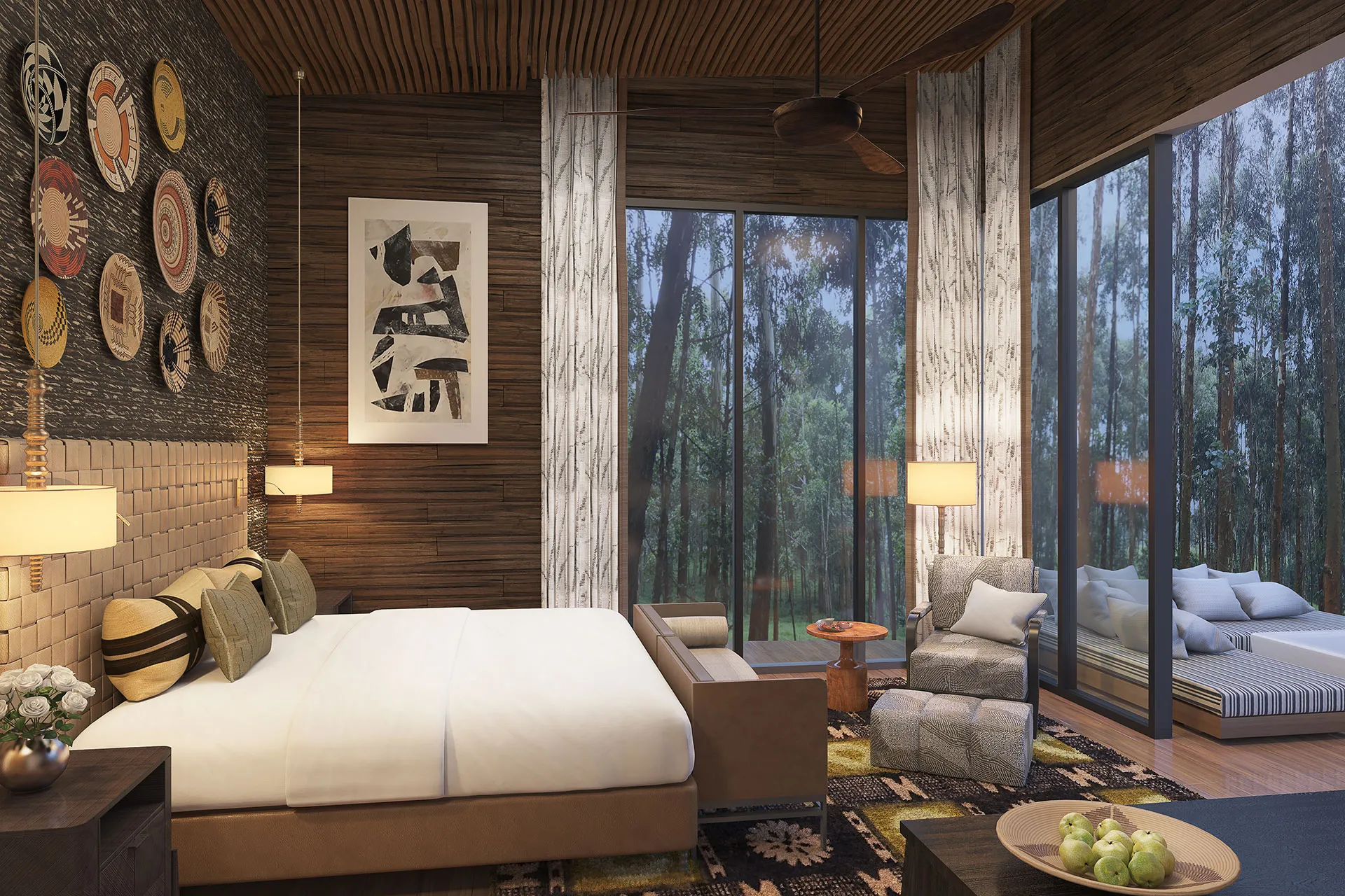 Edel designtes Schlafzimmer mit Dschungelblick
