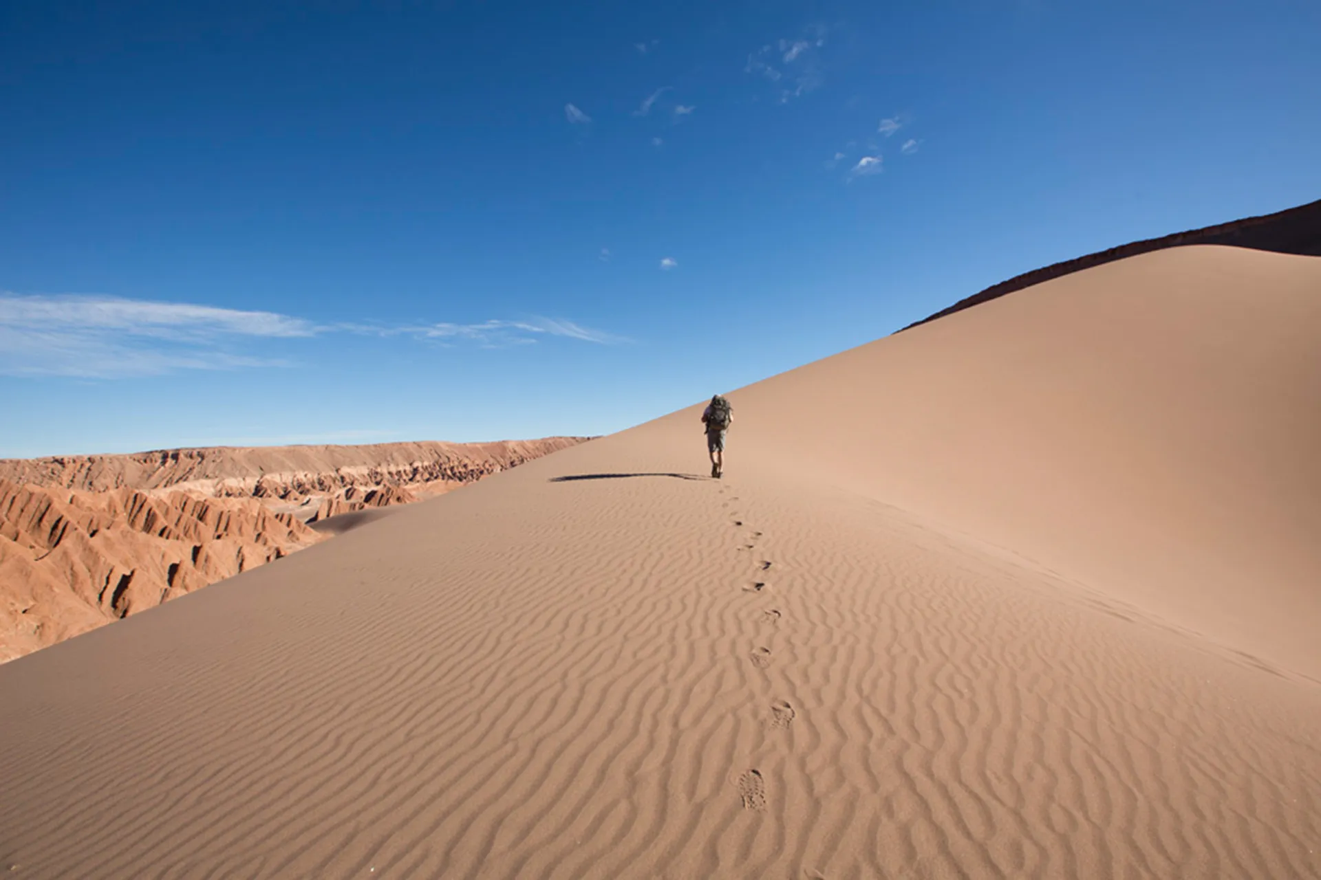 Mann wandert auf einer Sanddüne