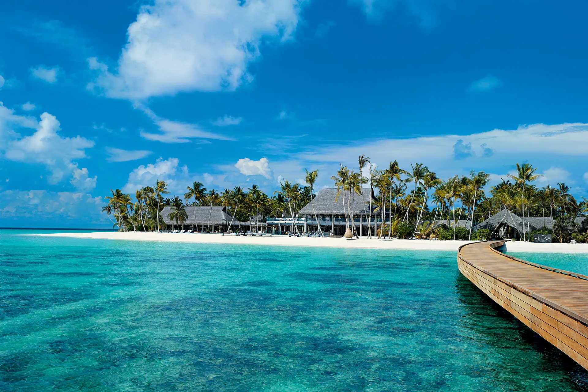 Maledivische Insel mit Palmen und Häusern