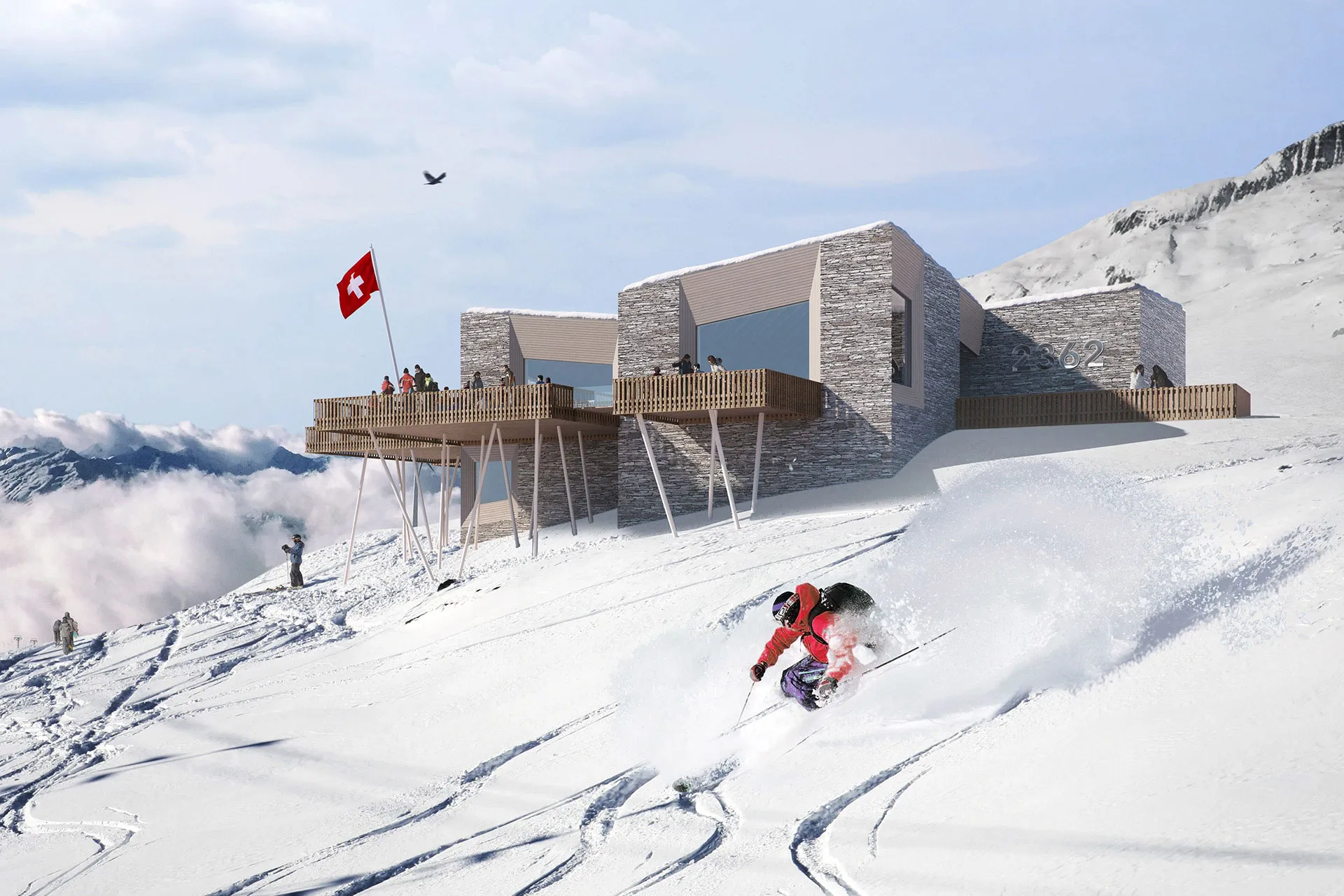 Skifahrer im Tiefschnee vor einem Berghaus