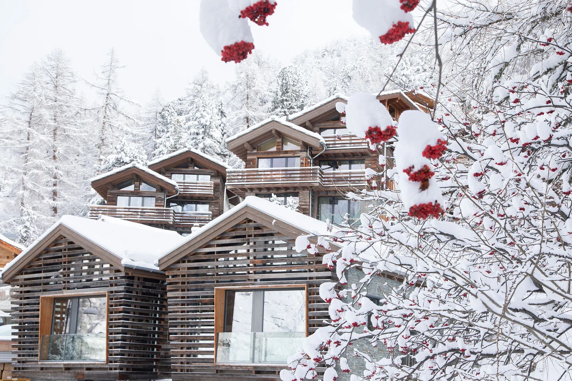 Häuser mit Holzfassade in Winterlandschaft