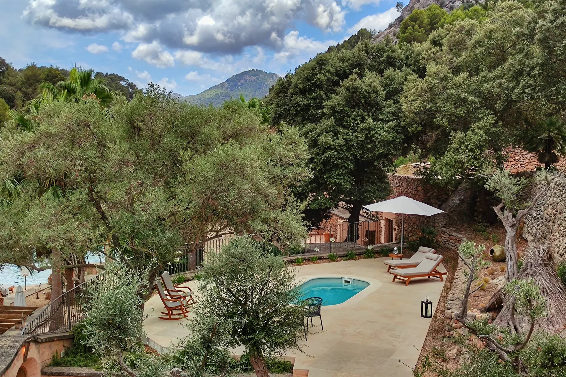 Von Olivenbäumen gesäumte Terrasse mit Pool