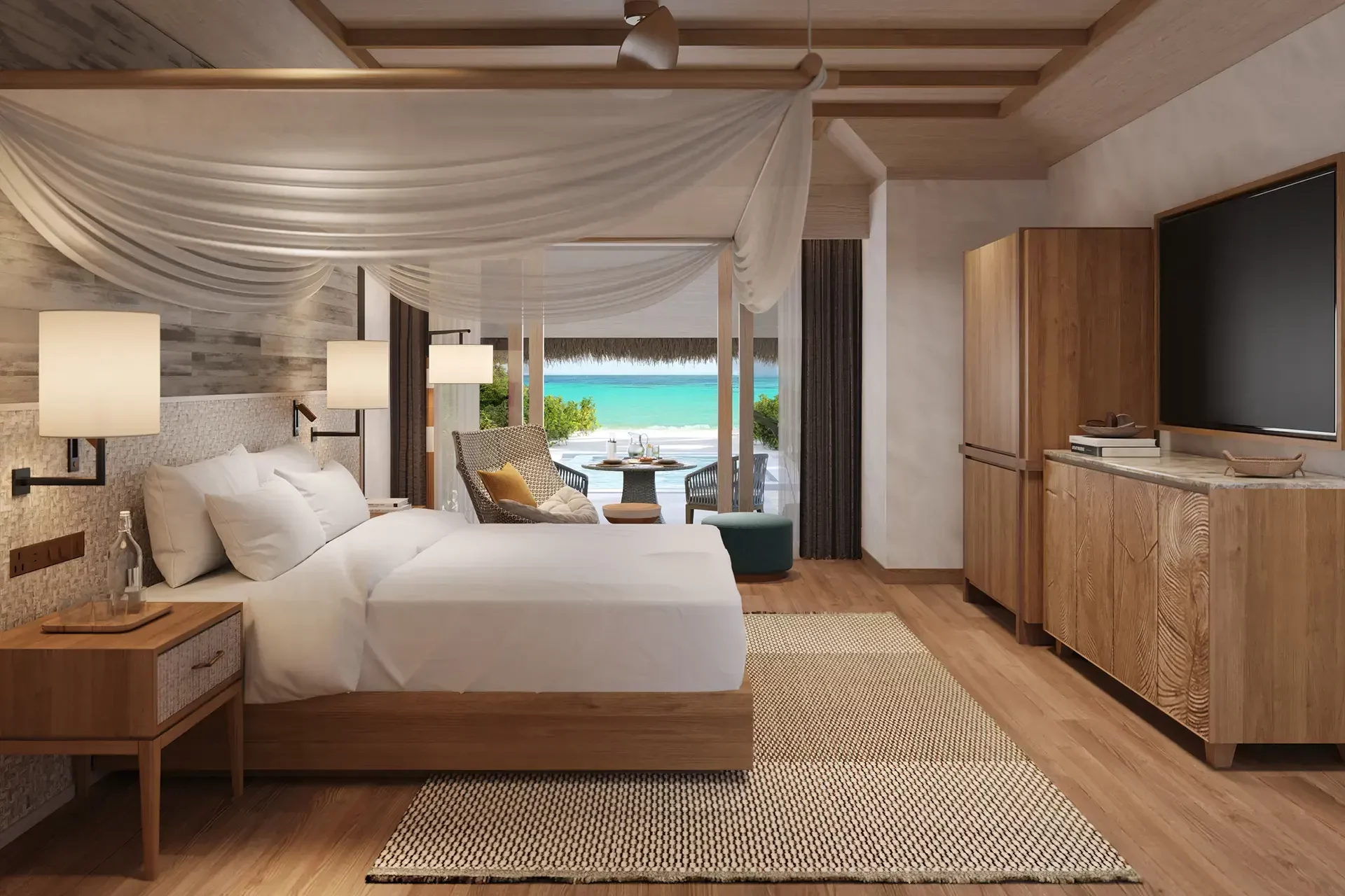 Schlafzimmer einer Strandvilla in Luxusresort