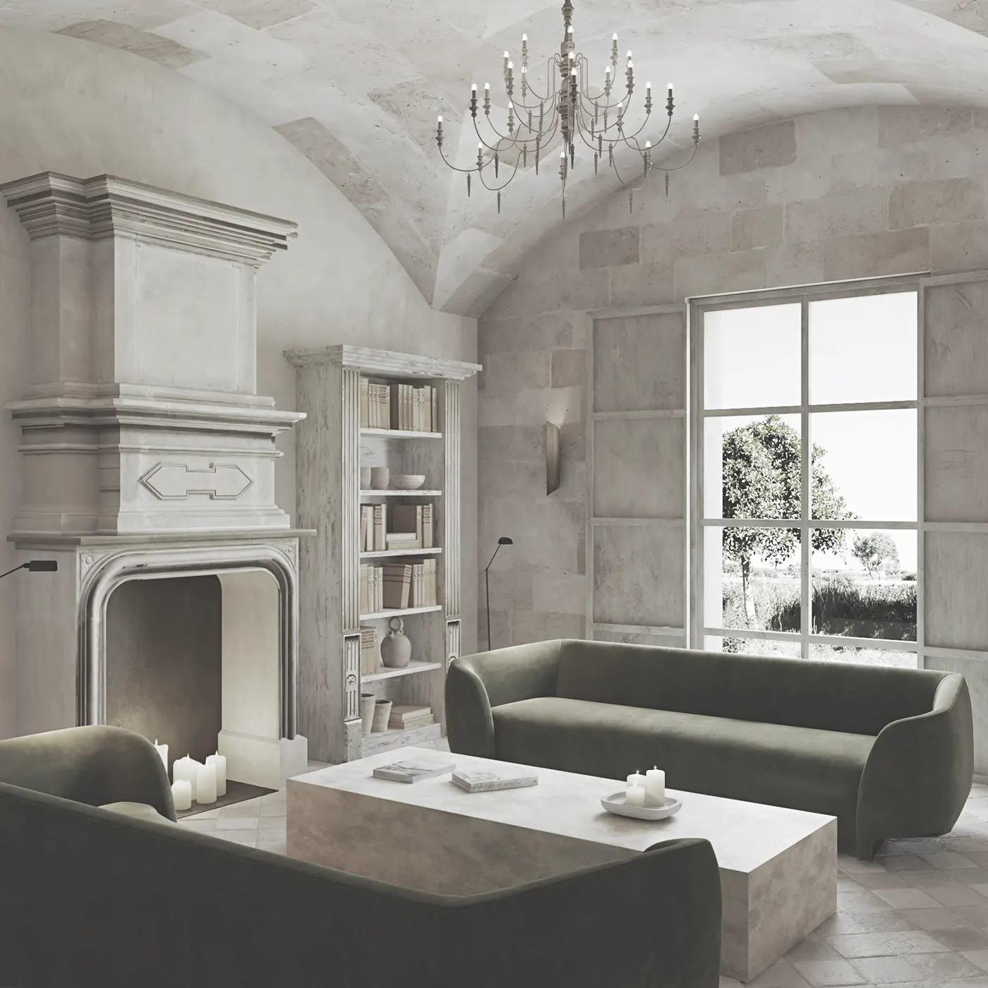 Eleganter Loungebereich unter Steingewölbe